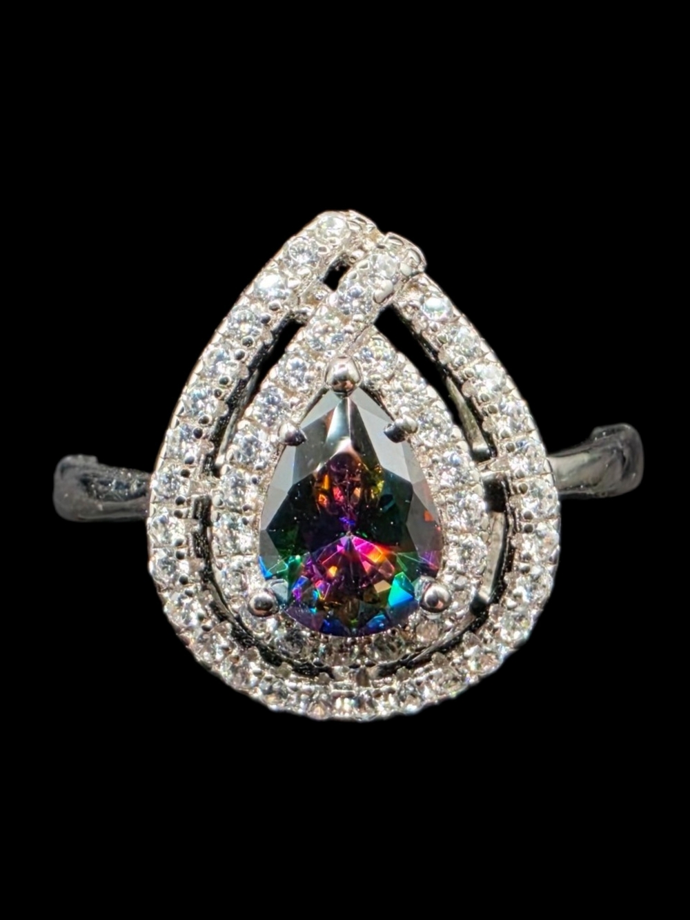Pear Cut Mystic Topaz Fine Italian Solid 925 Silver Double Halo Statement Ring